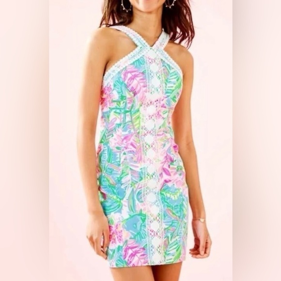 Lilly Pulitzer Vena Stretch Sheath Halter Dress in Pop Up Lily of the Jungle - Picture 2 of 13
